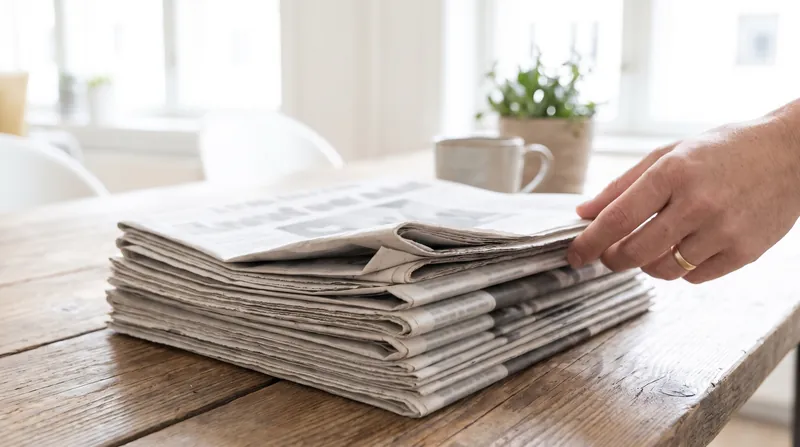 A stack of folded newspapers on a wooden table