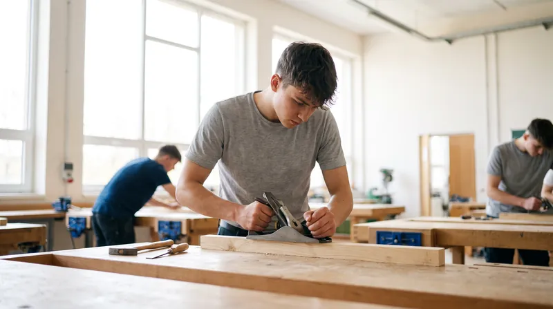 An apprentice working at a bench in a trade training workshop