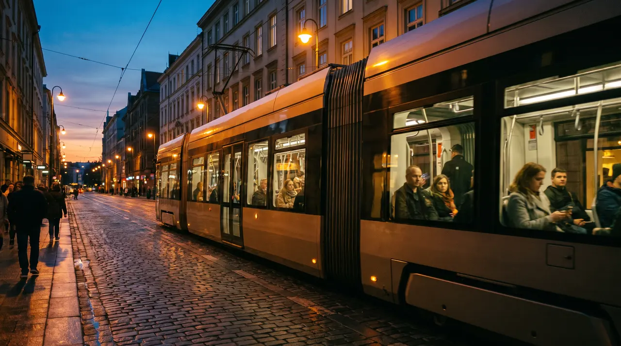 A city tram moving along a street at dusk