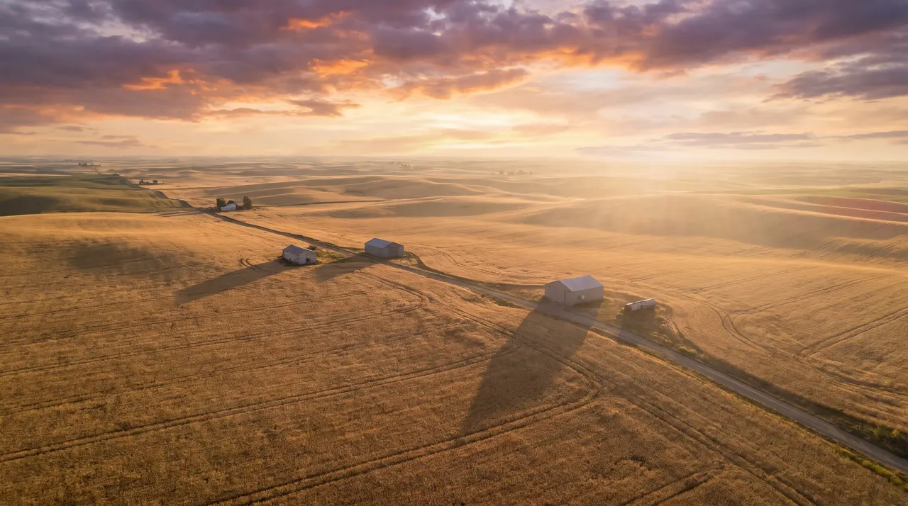 Drone view over a golden wheat field at sunset